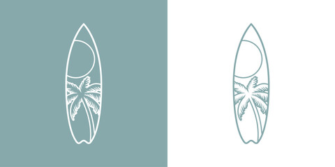 Logo club de surf. Silueta de tabla de surf con líneas con sol y la palma como paisaje © teracreonte