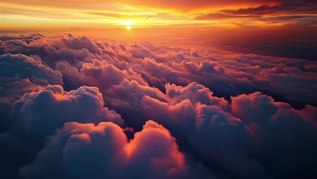 An aerial shot above beautiful sunset clouds with sun shining through fog, detailed picturesque view, camera moving into amazing cloudscape with beautiful light rays, realistic animation