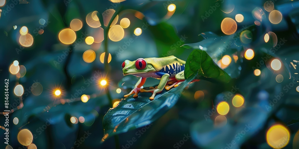 Poster dynamic composition of a red-eyed frog on a leaf, with sparkling bokeh lights illuminating the lush 