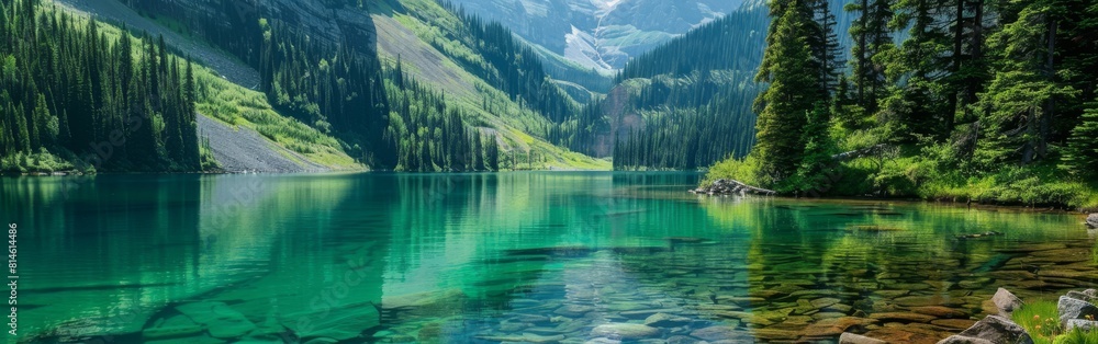 Poster a beautiful lake surrounded by trees and mountains. the water is clear and calm, reflecting the tree