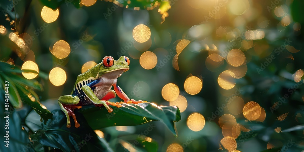 Poster dynamic composition of a red-eyed frog on a leaf, with sparkling bokeh lights illuminating the lush 