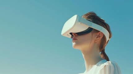Woman wearing a virtual reality headset on blue background