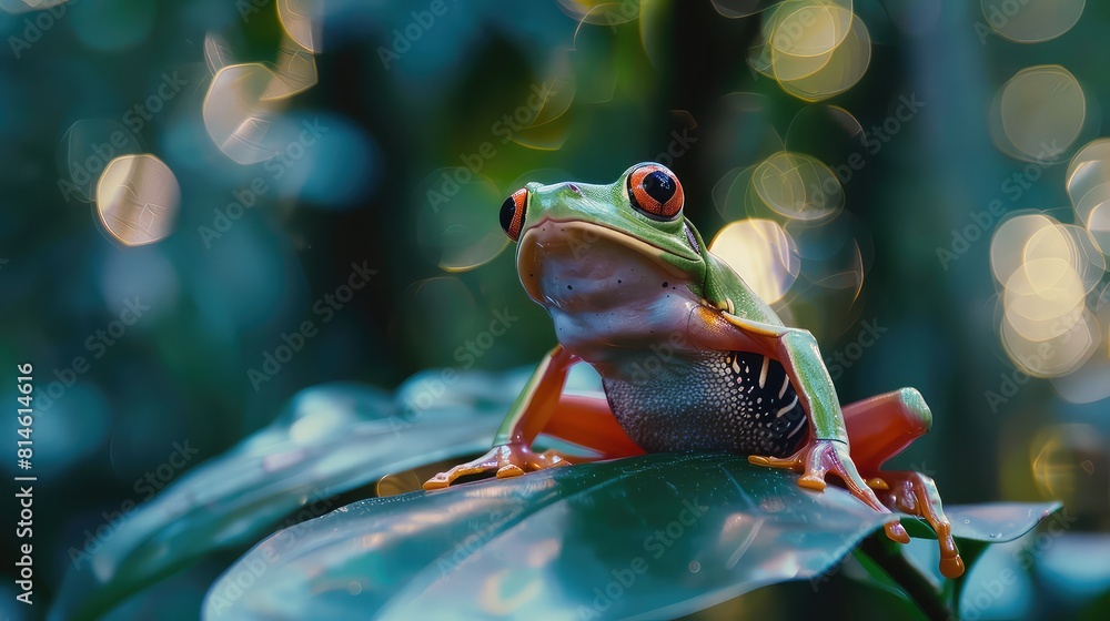 Poster intimate moment captured as a cute red-eyed frog sits peacefully on a green leaf, with a bokeh backg