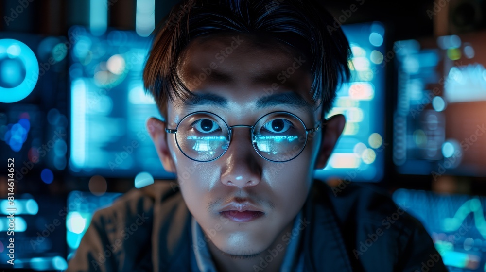 Poster programmer in night office for software development