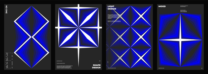 Set of four posters design. Vertical A4 format. Vector banner with neon illustration. Vector blue light abstract art.