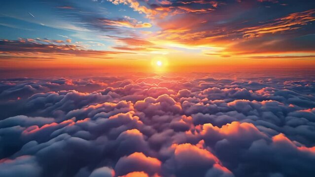 An aerial shot above beautiful sunset clouds with sun shining through fog, detailed picturesque view, camera moving into amazing cloudscape with beautiful light rays, realistic animation