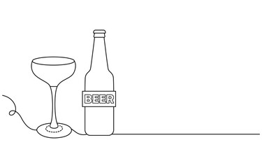 International Beer Day glass and bottle continuous one line drawing vector