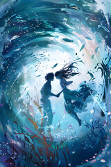 Fototapeta premium A couple is floating in the water and embracing. They are surrounded by beautiful coral reefs and exotic fish. The water is crystal clear