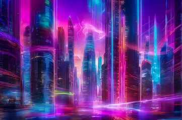 Neon City Skyline Reflected in a Wet Cyberpunk Street -  Duality of Light and Shadow in a Technological Metropolis