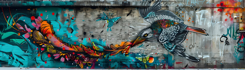 a bird and colorful leaves, Transform mundane walls into portals to a wild wonderland Infuse the energy of street art with the grace of wildlife photography