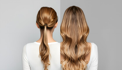 Fototapeta premium Photo of woman divided into halves before and after hair treatment on grey background, back view