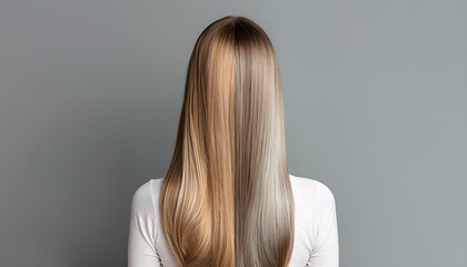 Fototapeta premium Photo of woman divided into halves before and after hair treatment on grey background, back view