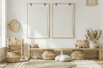 Two simple posters hanging on white wall in kids room interior with material baskets, wooden furniture and pastel lamps