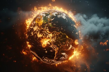 Earth on fire, floating in space, isolated on a dark grey background with copy space for text