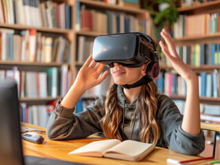 A girl wearing a virtual reality headset is sitting at a desk with a book in fro