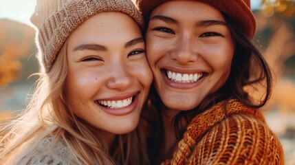 Two healthy Asian women are smiling and hugging each other - Powered by Adobe