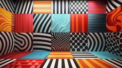 Optical illusions with colors overlapping shapes creating depth.