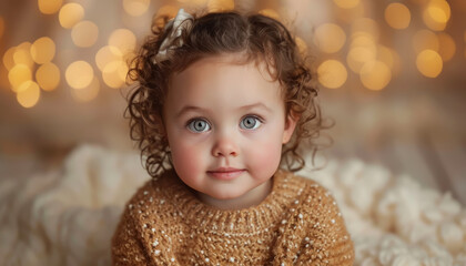 A delightful portrait of a young toddler in a shimmering golden sweater, her sparkling blue eyes and curly hair enhanced by the warm glow of festive lights in the background.