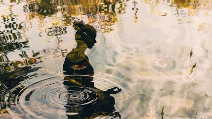 Symmetrical Double Exposure of Meditator in Peaceful Garden with Water Ripples.