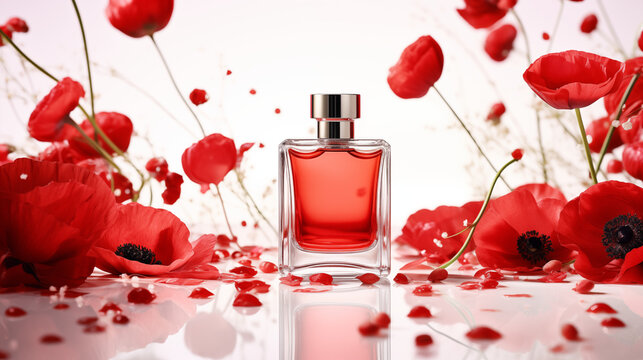 Petit flacon de parfum entour&eacute; de plantes et fleurs de coquelicots rouges. Arri&egrave;re-plan blanc, rouge. Ombre et lumi&egrave;re. Nature, beaut&eacute;, cosm&eacute;tique, soin. Fond pour conception et cr&eacute;ation graphique.