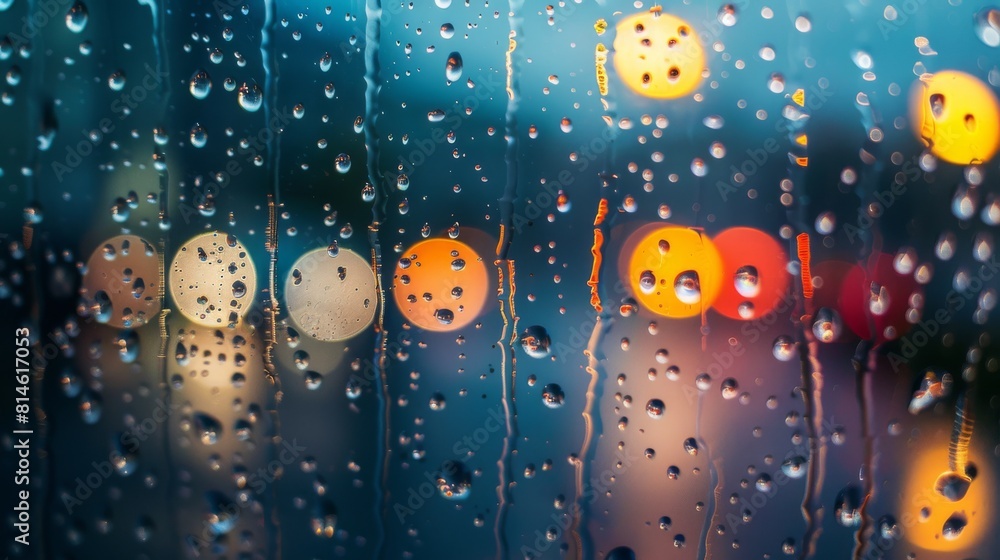 Poster a detailed view of a window showcasing raindrops cascading down the glass surface.