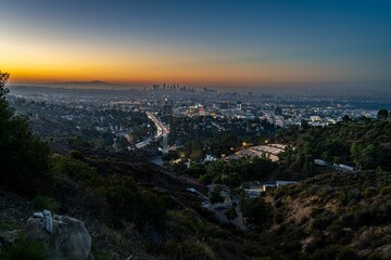 Obraz premium a view from the top of a hill looking over an urban area and a dog