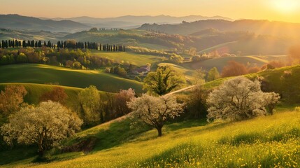 Naklejka premium Warm sunlight bathes the tranquil hills and flowering trees of a serene countryside landscape at sunset