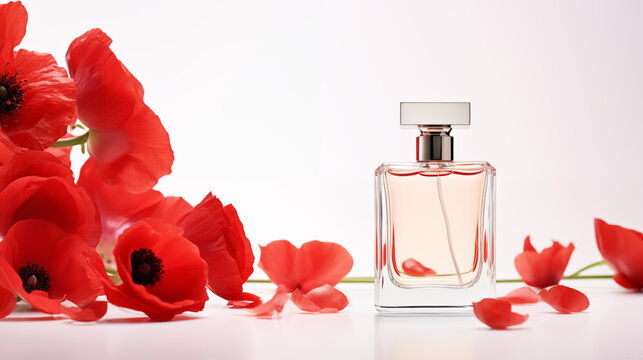 Petit flacon de parfum entour&eacute; de plantes et fleurs de coquelicots rouges. Arri&egrave;re-plan blanc, rouge. Ombre et lumi&egrave;re. Nature, beaut&eacute;, cosm&eacute;tique, soin. Fond pour conception et cr&eacute;ation graphique.