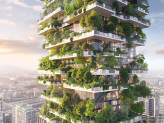 A tall building with a lot of trees on it