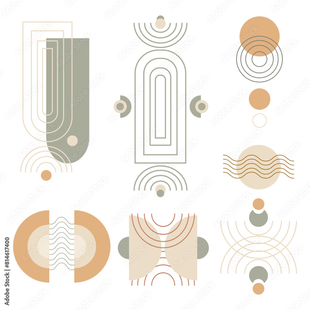 Poster contemporary compositions with geometric figures and symmetrical lines. composition collection boho 