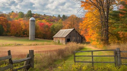 Tranquil and peaceful autumn harmony in the vibrant countryside with traditional wooden barn. Rustic silo. And colorful fall foliage. Showcasing the scenic rural landscape. Farm buildings