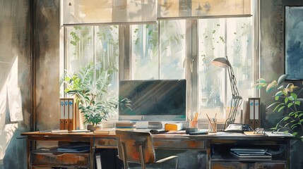 Tranquil watercolor painting of a home office, with soothing tones to emphasize worklife balance in remote working scenarios