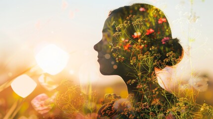 Nature Inspired: Silhouette Person Over Blossoming Flower Field Double Exposure