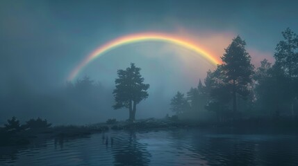 A rainbow is seen over a forest with trees and a body of water