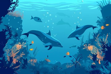 Fototapeta premium イルカ、魚、海藻の水中背景