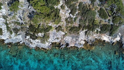 an aerial view of the ocean surrounded by trees and boulders