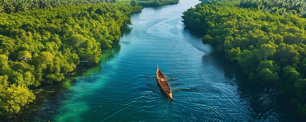 Aerial view of a long canoe sailing along the river estuary at Del Carmen Mangroves, Siargao, Philippines.