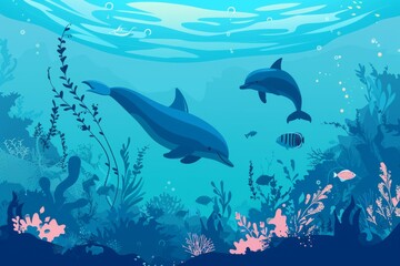 Fototapeta premium イルカ、魚、海藻の水中背景