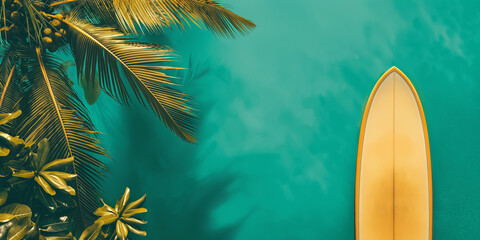 Yellow surfboard on an exotic turquoise summer background with monstera leaves and palm leaf. Summer vacation colorful tropical background, bright colors.	