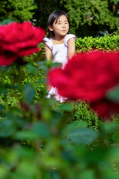 Young girl enjoying a garden in Europe