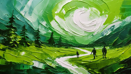 Abstract green color acrylic painting on canvas. Natural landscape. Oil painting, brush strokes.