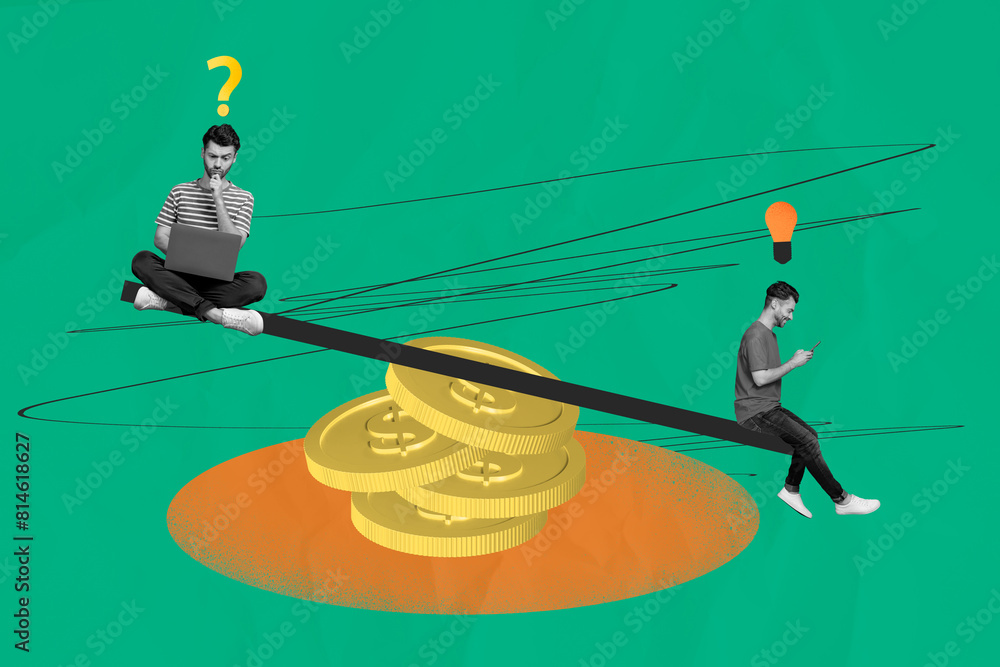 Poster composite collage picture of two mini guys sit swing use netbook phone isolated on creative backgrou