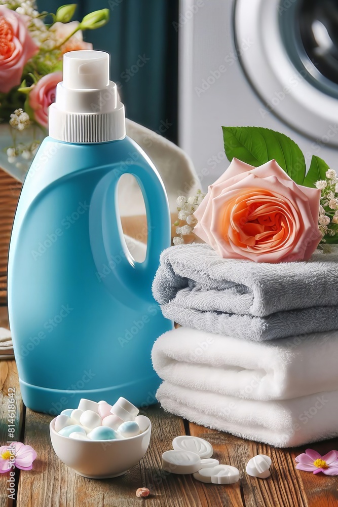 Wall mural blue laundry detergent bottle sits on a wooden table next to a pile of white t