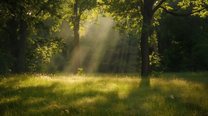 Naklejka premium Tranquil and serene sunlit forest glade surrounded by lush green trees and bathed in natural light rays