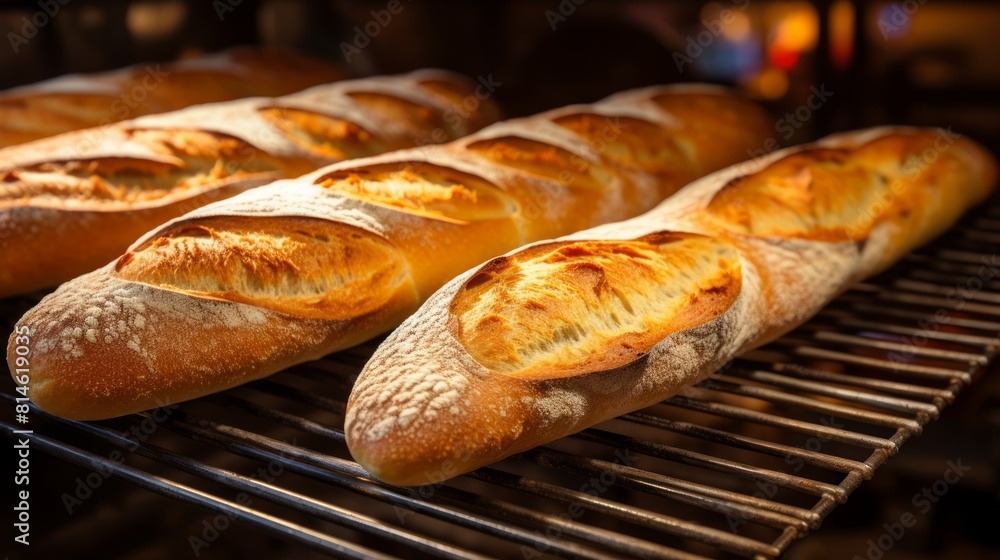 Poster generative ai baguettes cooling on a wire rack after being baked to golden perfection in a tradition