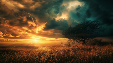 Fototapeta premium Dramatic sunset over a field with a lone tree and stormy clouds