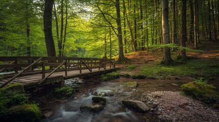 Obraz premium Tranquil woodland setting featuring a flowing stream and a rustic wooden bridge amidst tall, lush trees