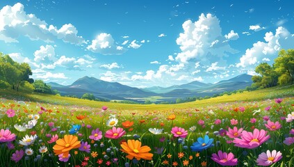 A beautiful cartoon vector illustration of the countryside landscape with green grass, blue sky and white clouds, colorful flowers in meadow, rolling hills