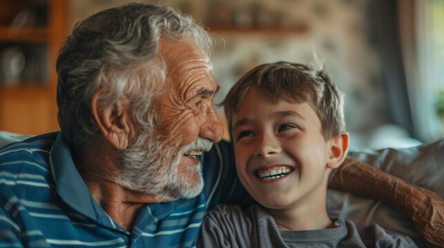 An older man and a young boy are sitting together on a couch, sharing a moment of bonding and affection. The grandfather is engaging with his grandson, creating a heartwarming scene of intergeneration