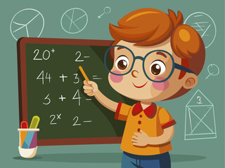A child writes a mathematical formula on a blackboard vector illustration